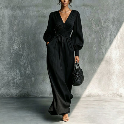 Women's Deep V-Neck Pleated Bishop Sleeve Smocked Waist Maxi Dress