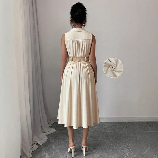 V-Neck Sleeveless A-Line Shirt Dress for Women – High Waist Cotton Linen Midi