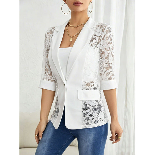 Women's Lace Patchwork Blazer | Three-Quarter Sleeve One-Button Suit Jacket in White & Black