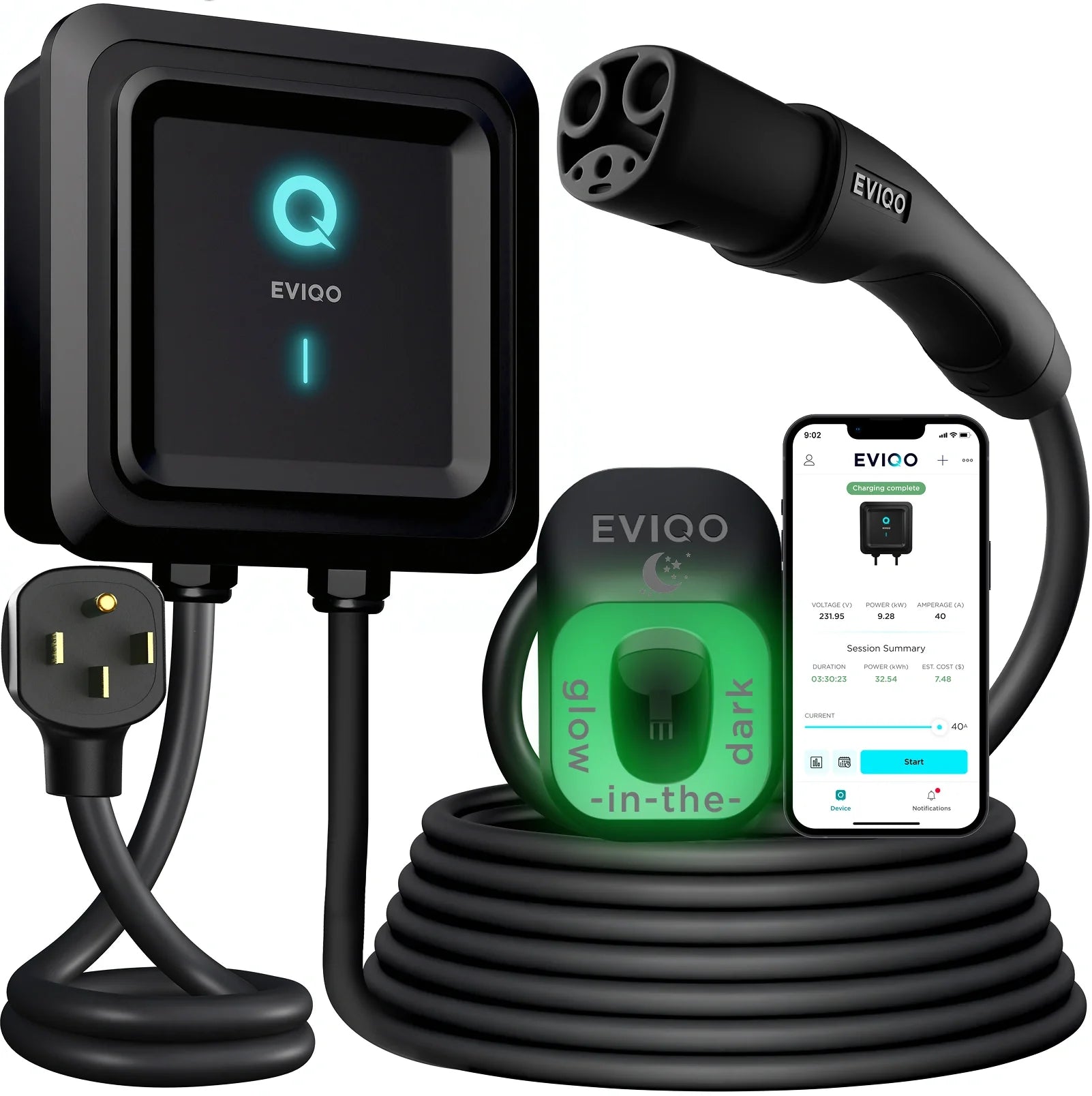 EVIQO NACS Level 2 EV Charger, 40A (9.6kW), 240V, NEMA 14-50 Plug In, for Tesla EVs