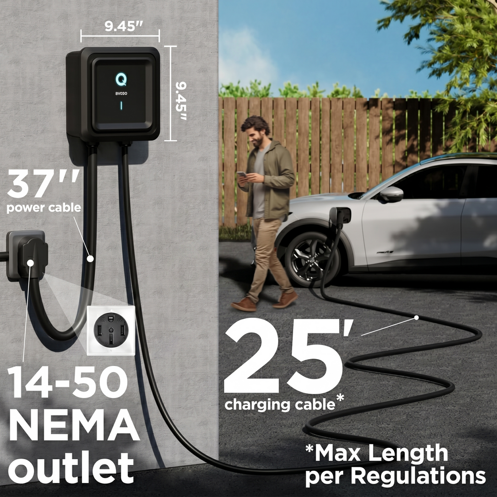 EVIQO Level 2 EV Charger, 48A (11.5kW), 240V, NEMA 14-50 Plug-in, J1772 for Non-Tesla EVs