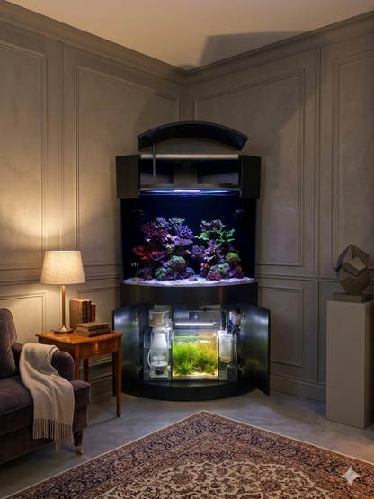 Abyss Black 90g Corner 1/4 Cylinder Glass Aquarium Set in Flush Wood Furniture