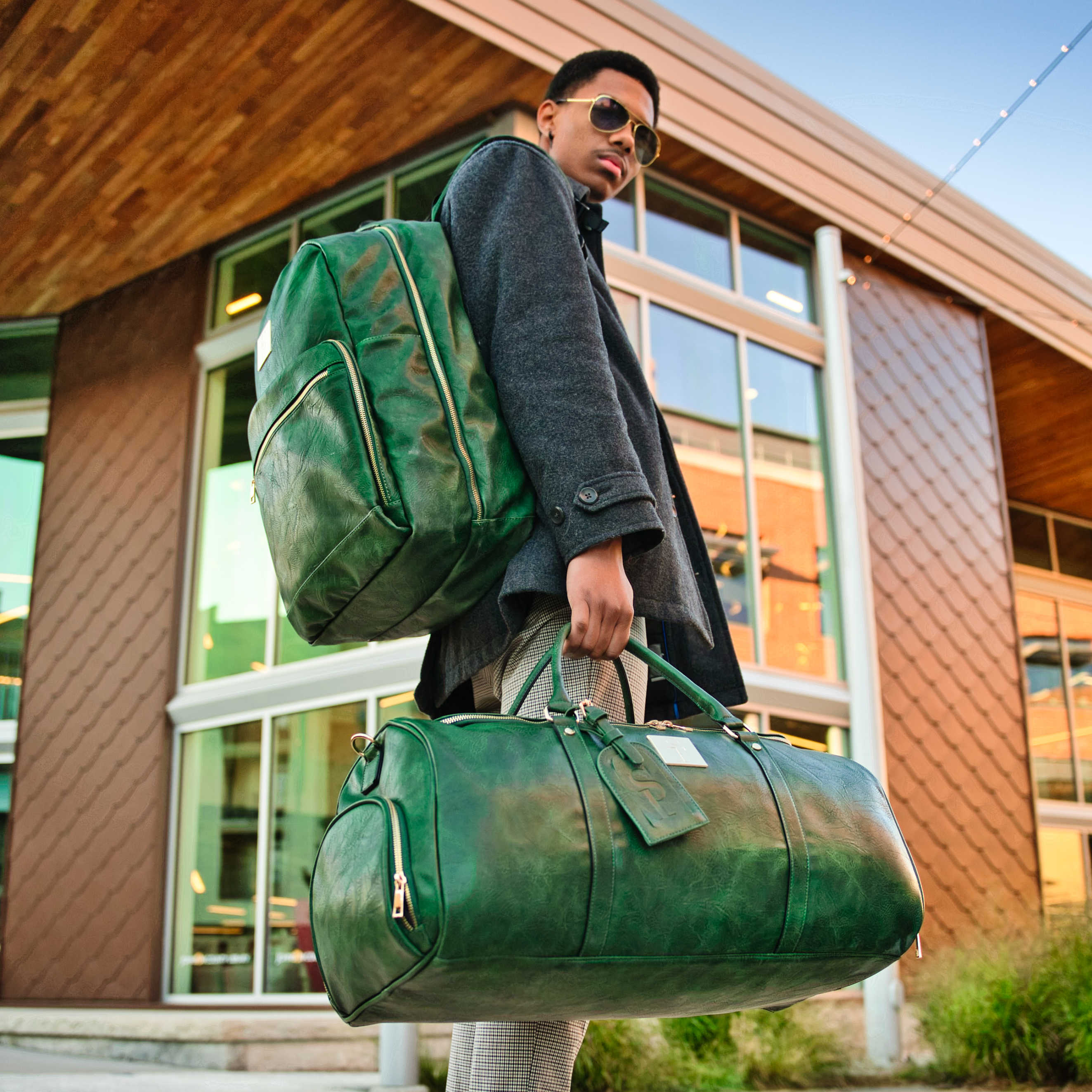Emerald Green Leather 2 Bag Set (Commuter Backpack and Duffle)