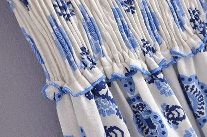 Blue Floral Embroidey Summer Beach Dress Women Casual Holiday Bohemian Dress Boho Sundress Maxi Long Vestidos Fashion Clothes