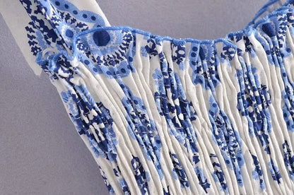Blue Floral Embroidey Summer Beach Dress Women Casual Holiday Bohemian Dress Boho Sundress Maxi Long Vestidos Fashion Clothes