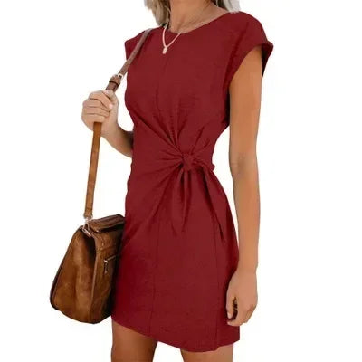 Dress Women Summer O-neck Short Sleeve Asymmetrical Lace Up Waist Solid Color Dresses 2022 Casual Vestidos Dropshipping JQMY9675