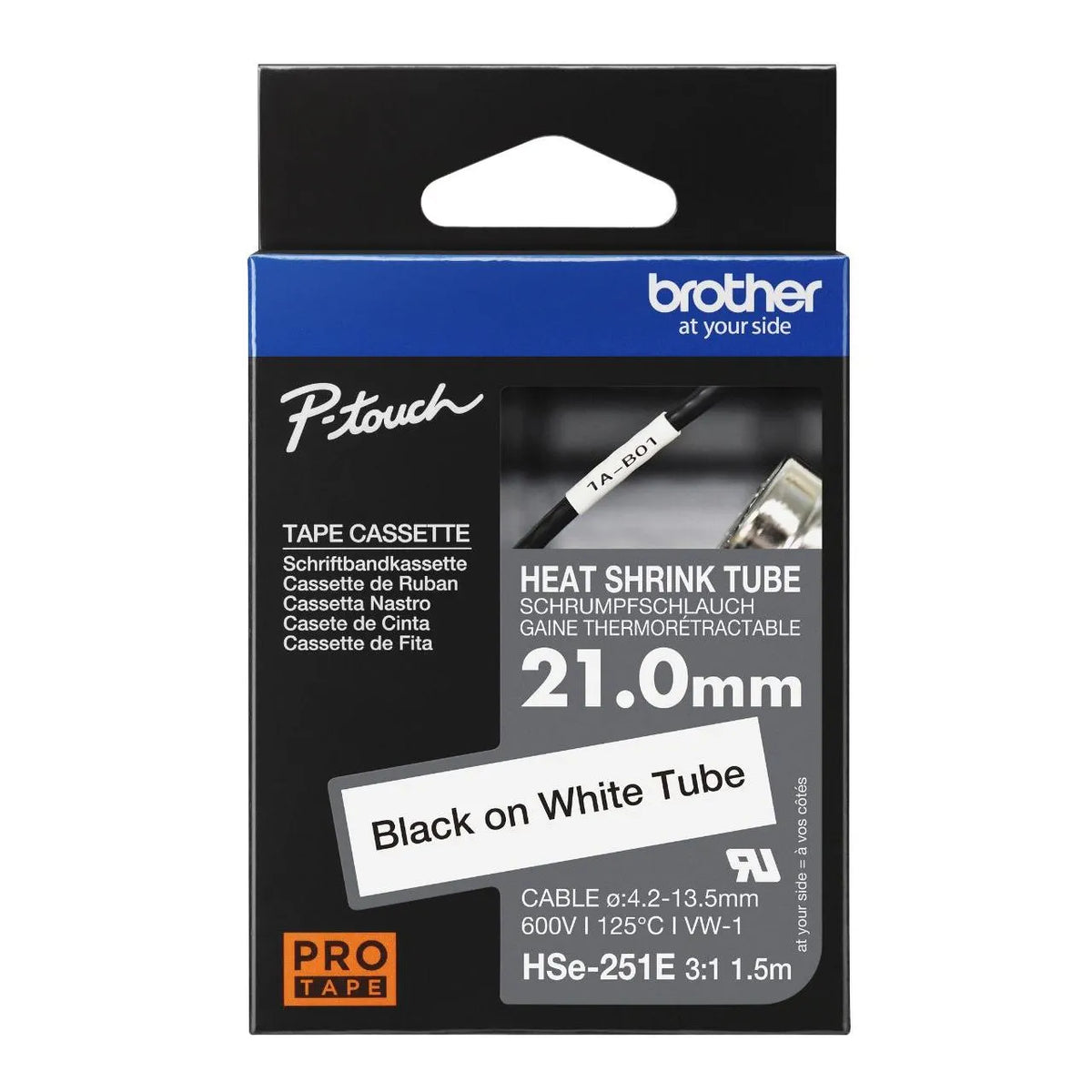 New, Pre-owned, Original Brother HSe251E 21mm (0.82in) Black on White 3:1 Heat Shrink Tube