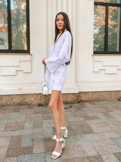 Women's V-Neck Kimono Cardigan Mini Dress Cotton Linen Long Sleeve Sashes Dresses Robe Style Lace Up Summer Loose Vestidos