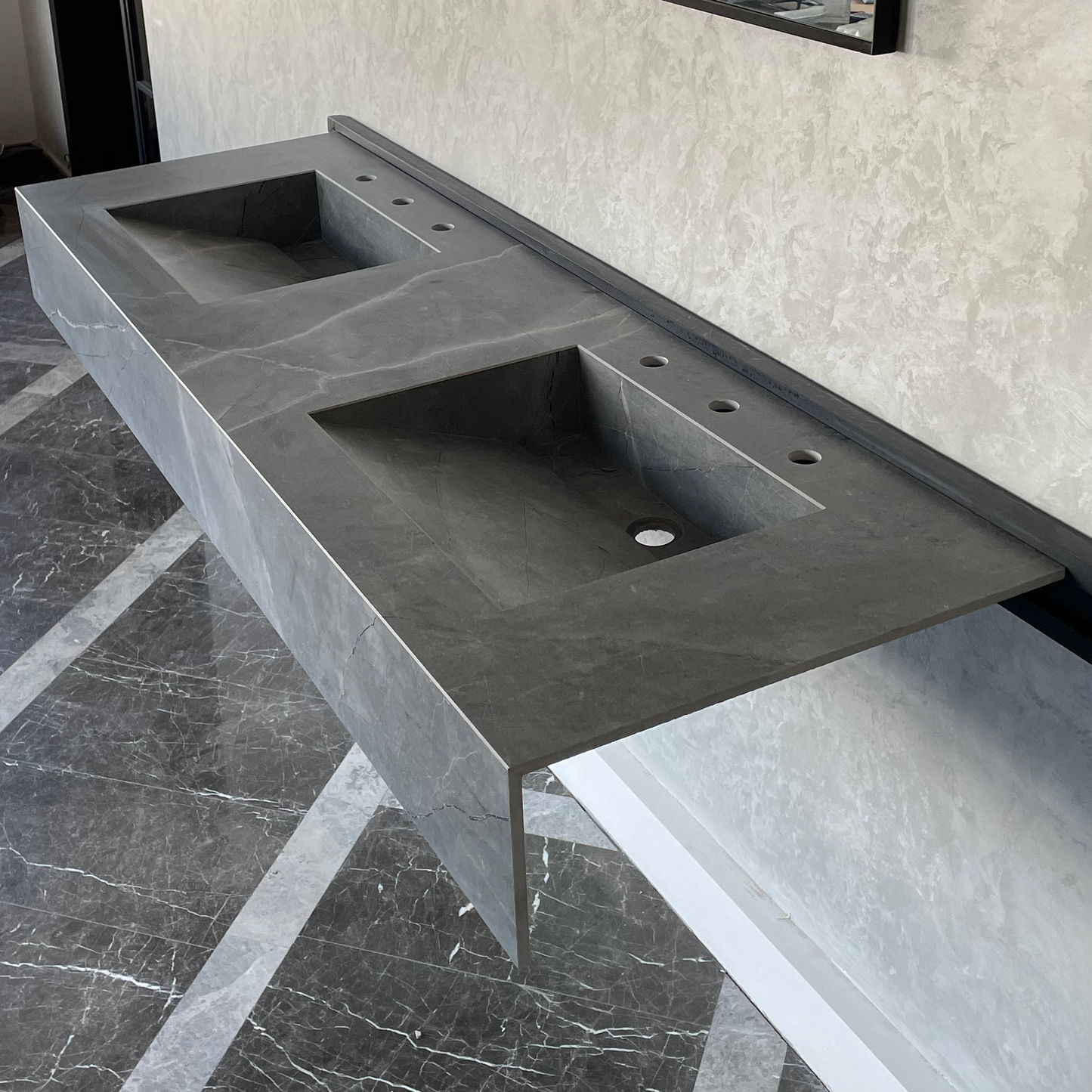 Armani Grey Engineered Porcelain Double Sink Handcrafted with Modern Marble Aesthetics