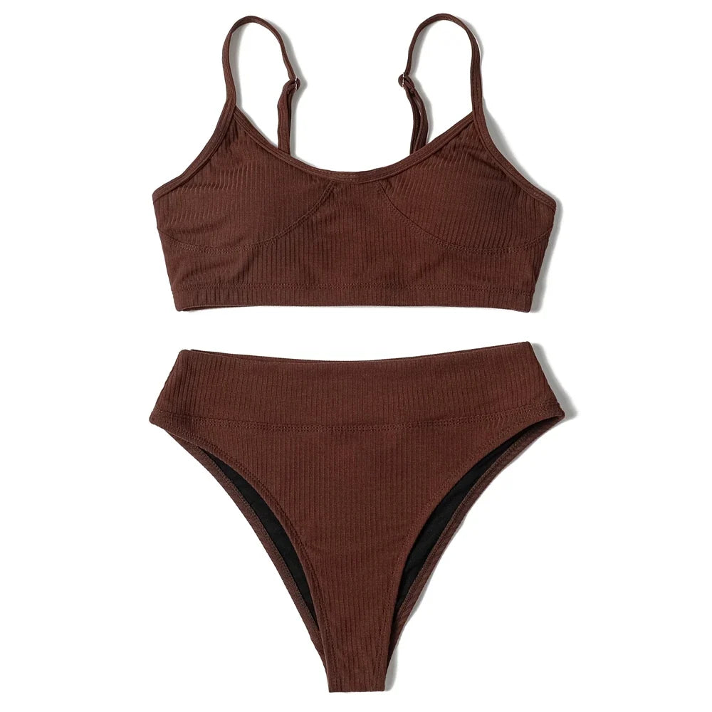 ZTVitality Push Up Solid High Waist Bikini 2025 New Straps Padded Ribbed Sexy Swimsuit Beachwear Swimwear Women Bathing Suit S-L