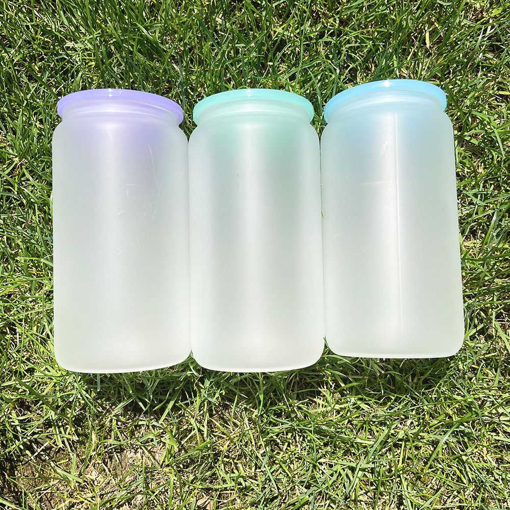 16oz Blank Sublimation Glass Can Jar with plastic Colored lid Tumbler (Clear or Frosted)