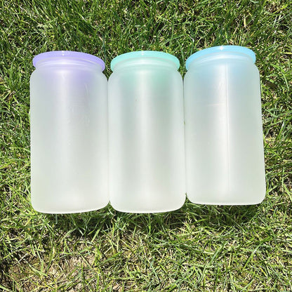 16oz Blank Sublimation Glass Can Jar with plastic Colored lid Tumbler (Clear or Frosted)