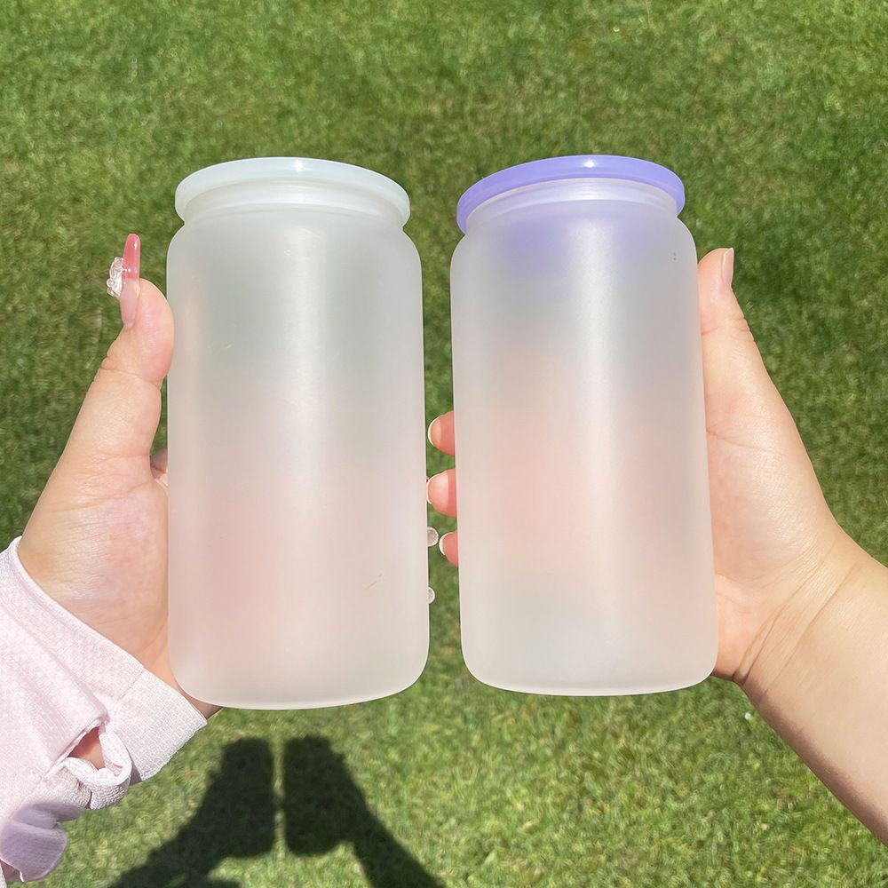16oz Blank Sublimation Glass Can Jar with plastic Colored lid Tumbler (Clear or Frosted)