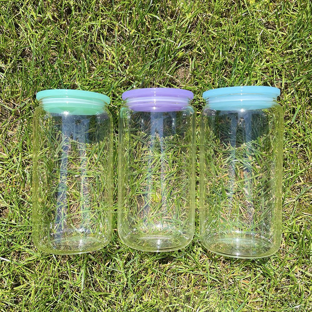 16oz Blank Sublimation Glass Can Jar with plastic Colored lid Tumbler (Clear or Frosted)