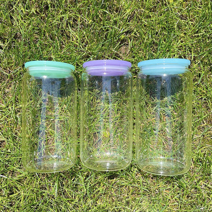 16oz Blank Sublimation Glass Can Jar with plastic Colored lid Tumbler (Clear or Frosted)
