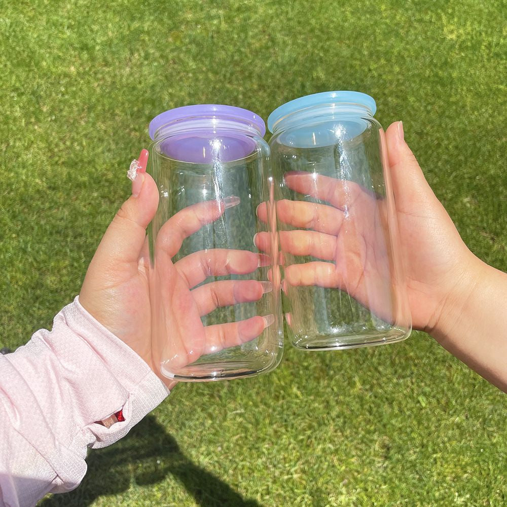 16oz Blank Sublimation Glass Can Jar with plastic Colored lid Tumbler (Clear or Frosted)