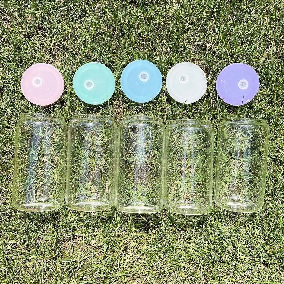 16oz Blank Sublimation Glass Can Jar with plastic Colored lid Tumbler (Clear or Frosted)