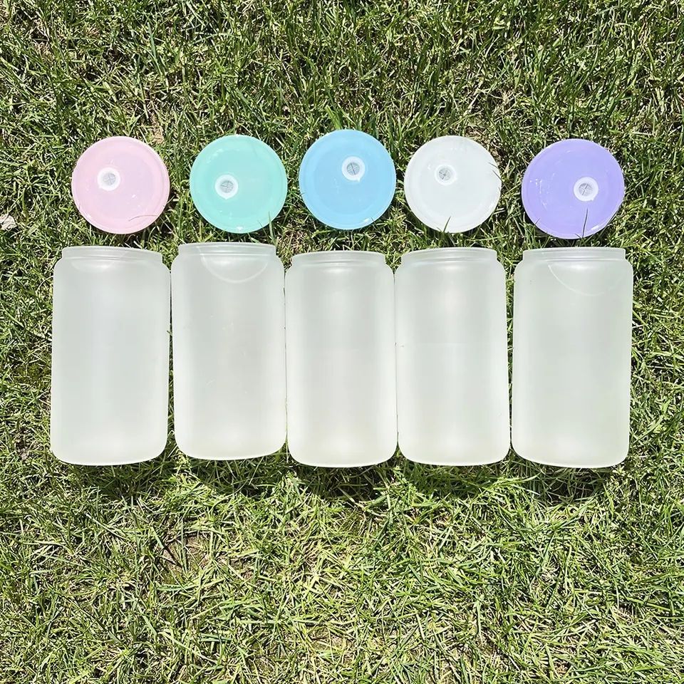 16oz Blank Sublimation Glass Can Jar with plastic Colored lid Tumbler (Clear or Frosted)