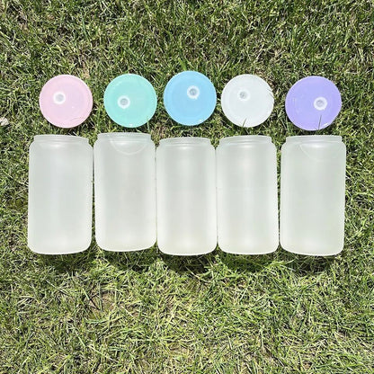 16oz Blank Sublimation Glass Can Jar with plastic Colored lid Tumbler (Clear or Frosted)