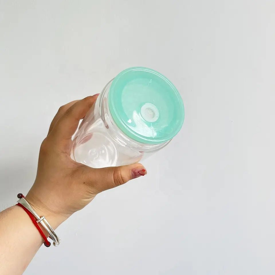 16oz Blank Sublimation Glass Can Jar with plastic Colored lid Tumbler (Clear or Frosted)