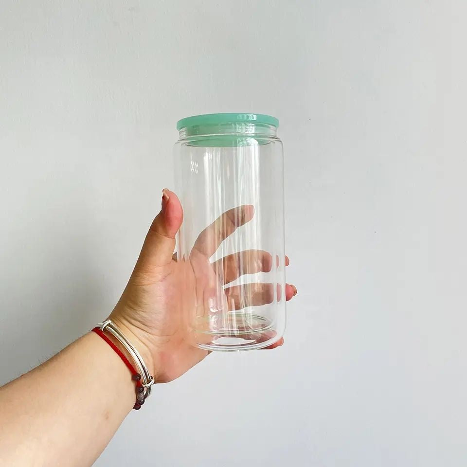 16oz Blank Sublimation Glass Can Jar with plastic Colored lid Tumbler (Clear or Frosted)