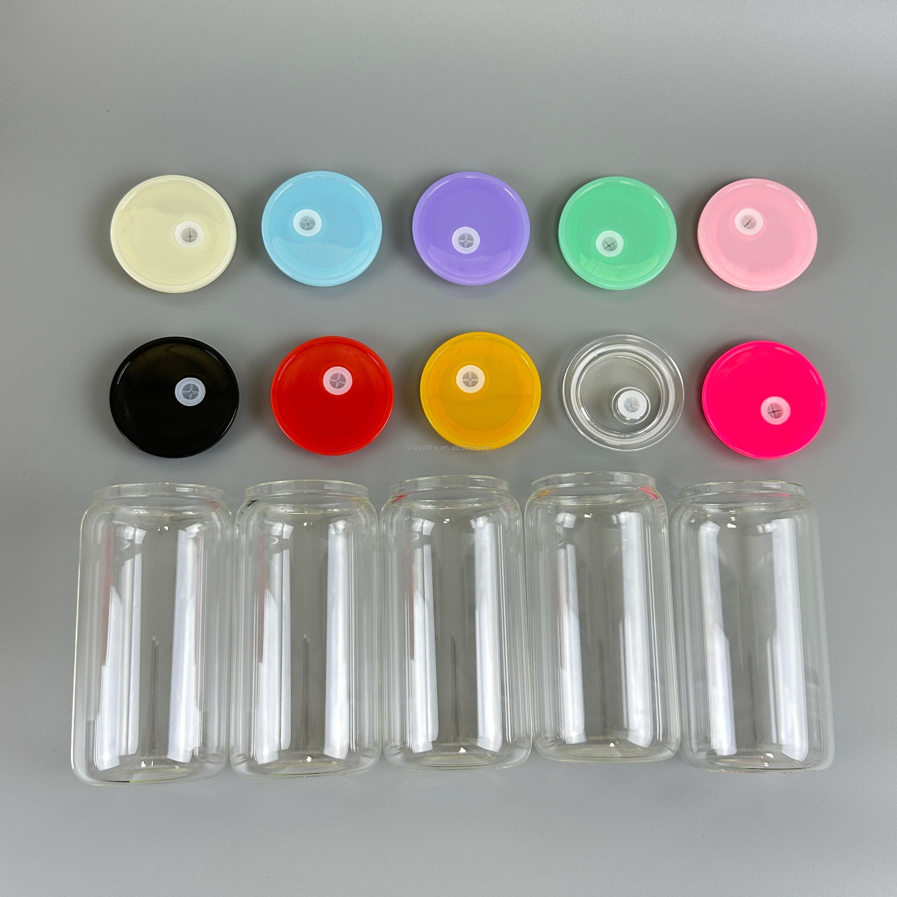 16oz Blank Sublimation Glass Can Jar with plastic Colored lid Tumbler (Clear or Frosted)