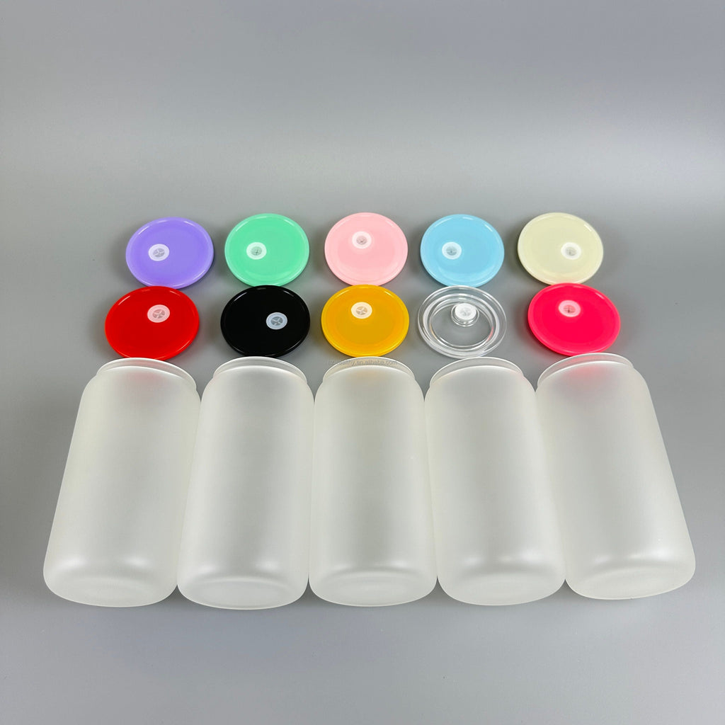 16oz Blank Sublimation Glass Can Jar with plastic Colored lid Tumbler (Clear or Frosted)