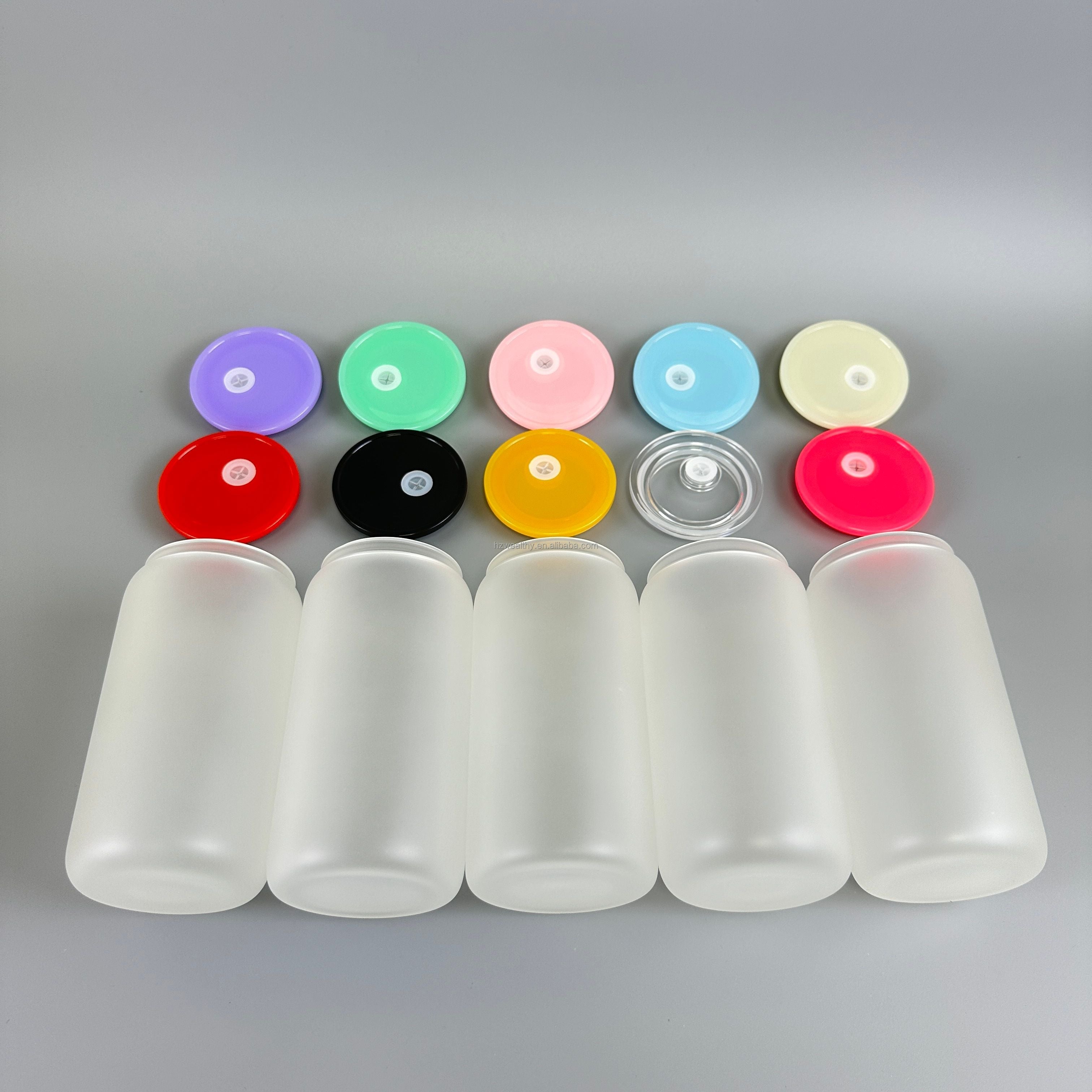 16oz Blank Sublimation Glass Can Jar with plastic Colored lid Tumbler (Clear or Frosted)