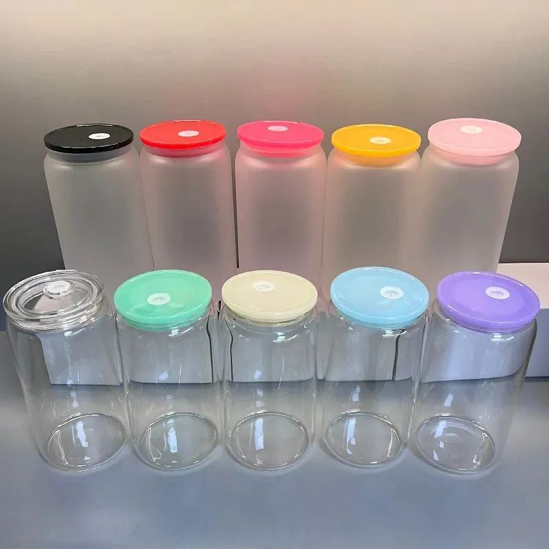 16oz Blank Sublimation Glass Can Jar with plastic Colored lid Tumbler (Clear or Frosted)