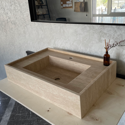 Travertine Handcrafted Vein-Cut Beige Custom Bathroom Sink Basin