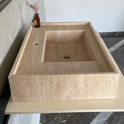 Travertine Handcrafted Vein-Cut Beige Custom Bathroom Sink Basin