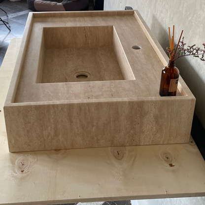 Travertine Handcrafted Vein-Cut Beige Custom Bathroom Sink Basin