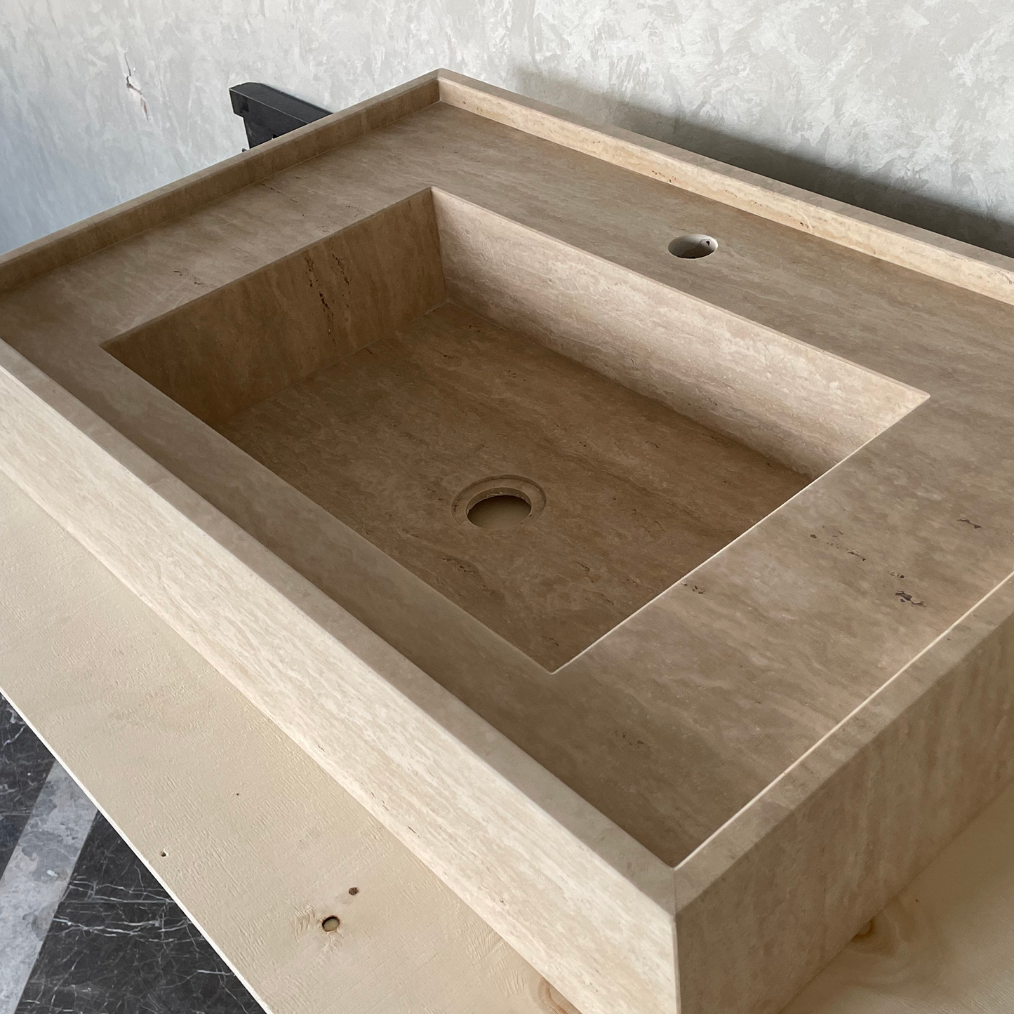 Travertine Handcrafted Vein-Cut Beige Custom Bathroom Sink Basin