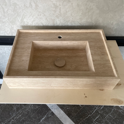 Travertine Handcrafted Vein-Cut Beige Custom Bathroom Sink Basin