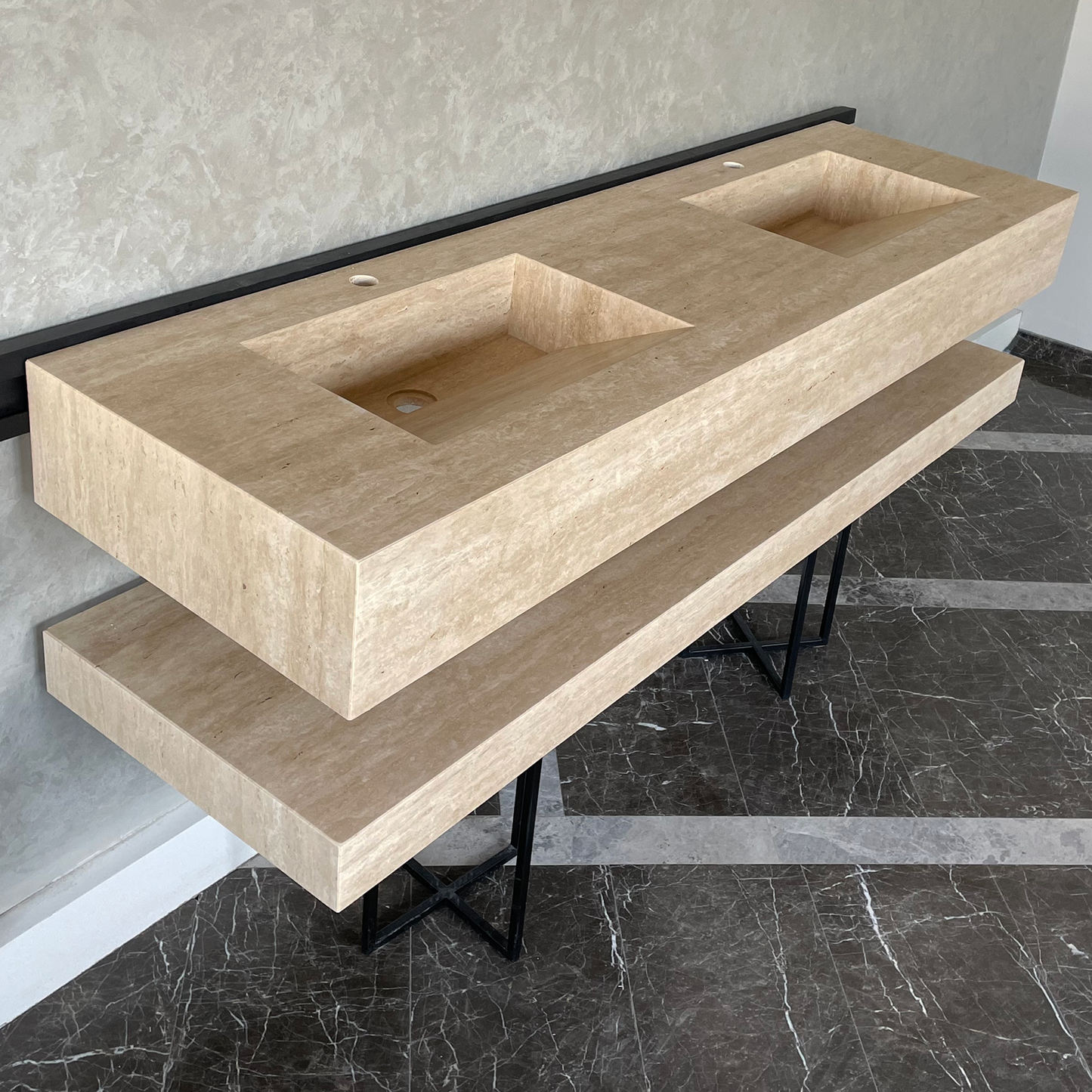 Travertine Custom Handcrafted Bathroom Sink - Matching Shelf