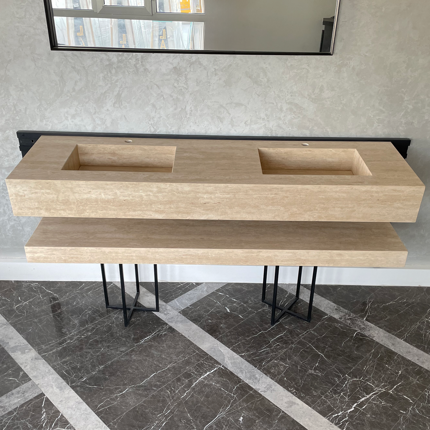 Travertine Custom Handcrafted Bathroom Sink - Matching Shelf