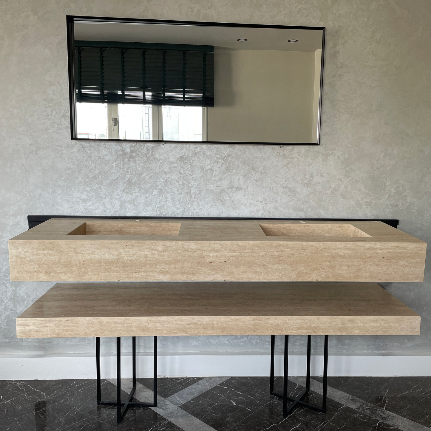 Travertine Custom Handcrafted Bathroom Sink - Matching Shelf