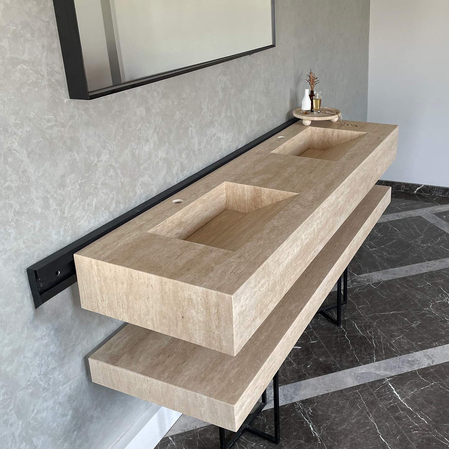 Travertine Custom Handcrafted Bathroom Sink - Matching Shelf