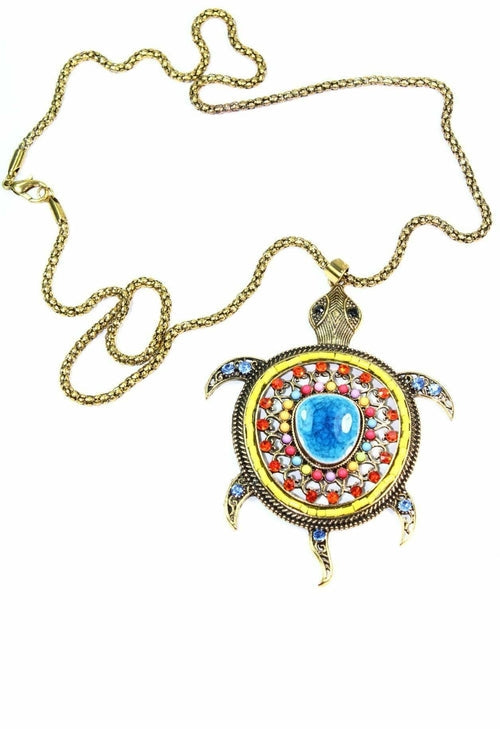 Large Turtle Shimmer Pendant Necklace With Crystal Accents