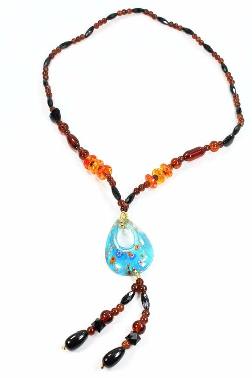Gypsy Oval Pendant Shimmer Necklace With Glass Beads