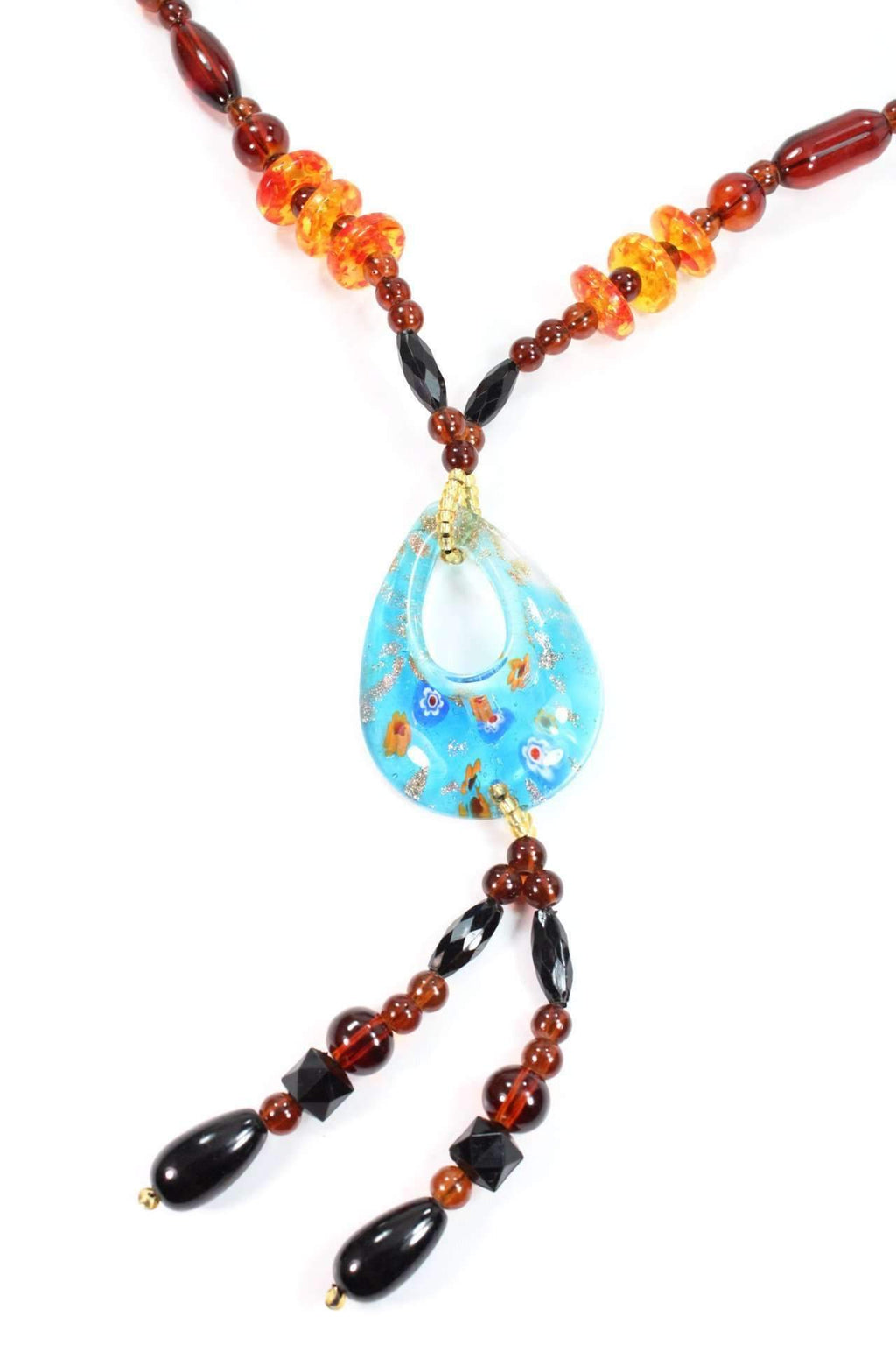 Gypsy Oval Pendant Shimmer Necklace With Glass Beads