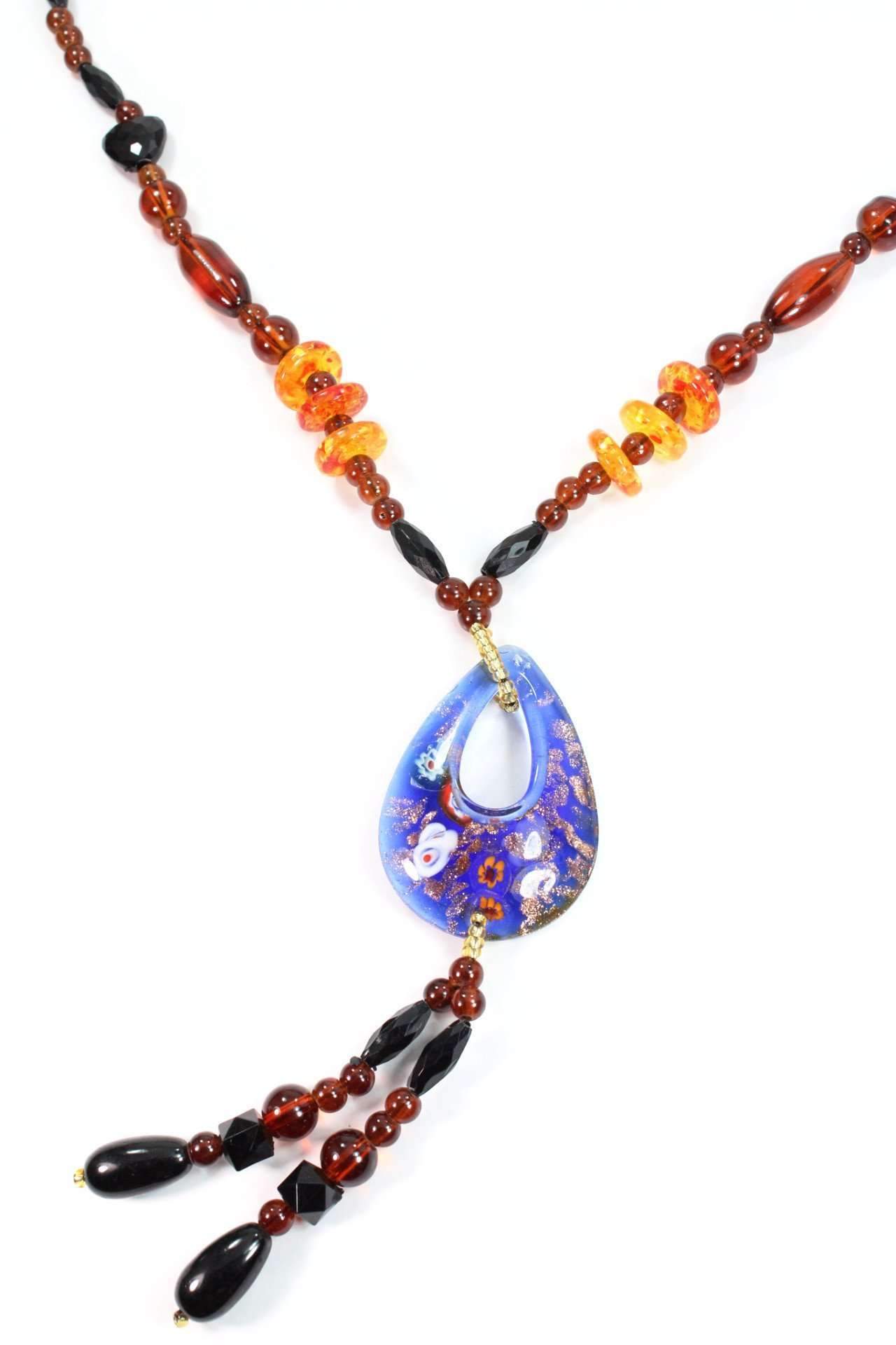 Gypsy Oval Pendant Shimmer Necklace With Glass Beads