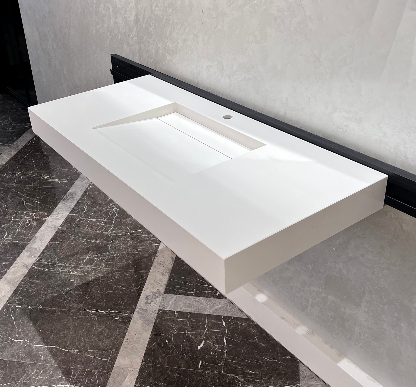 White Engineered Quartz Trough Sink Seamless Handcrafted Design