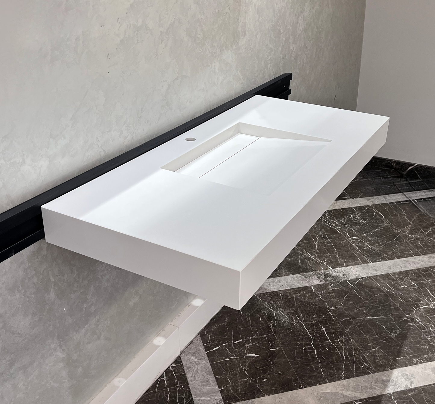 White Engineered Quartz Trough Sink Seamless Handcrafted Design