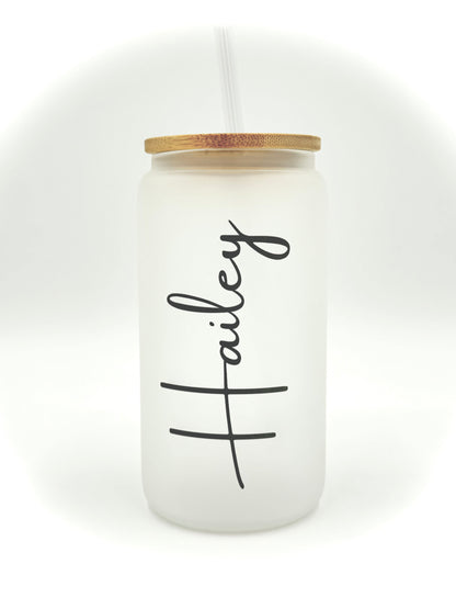 Personalized Name 16oz Sublimation Printed Glass Can Tumbler With Straw & Bamboo Lid