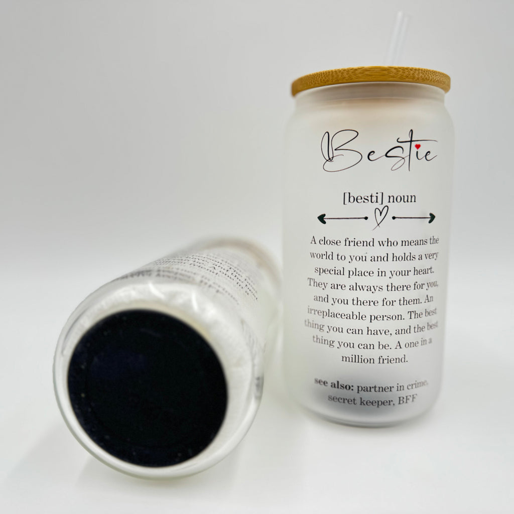 Bestie Friendship Best Friend 16oz Sublimation Printed Glass Can Tumbler With Straw & Bamboo Lid