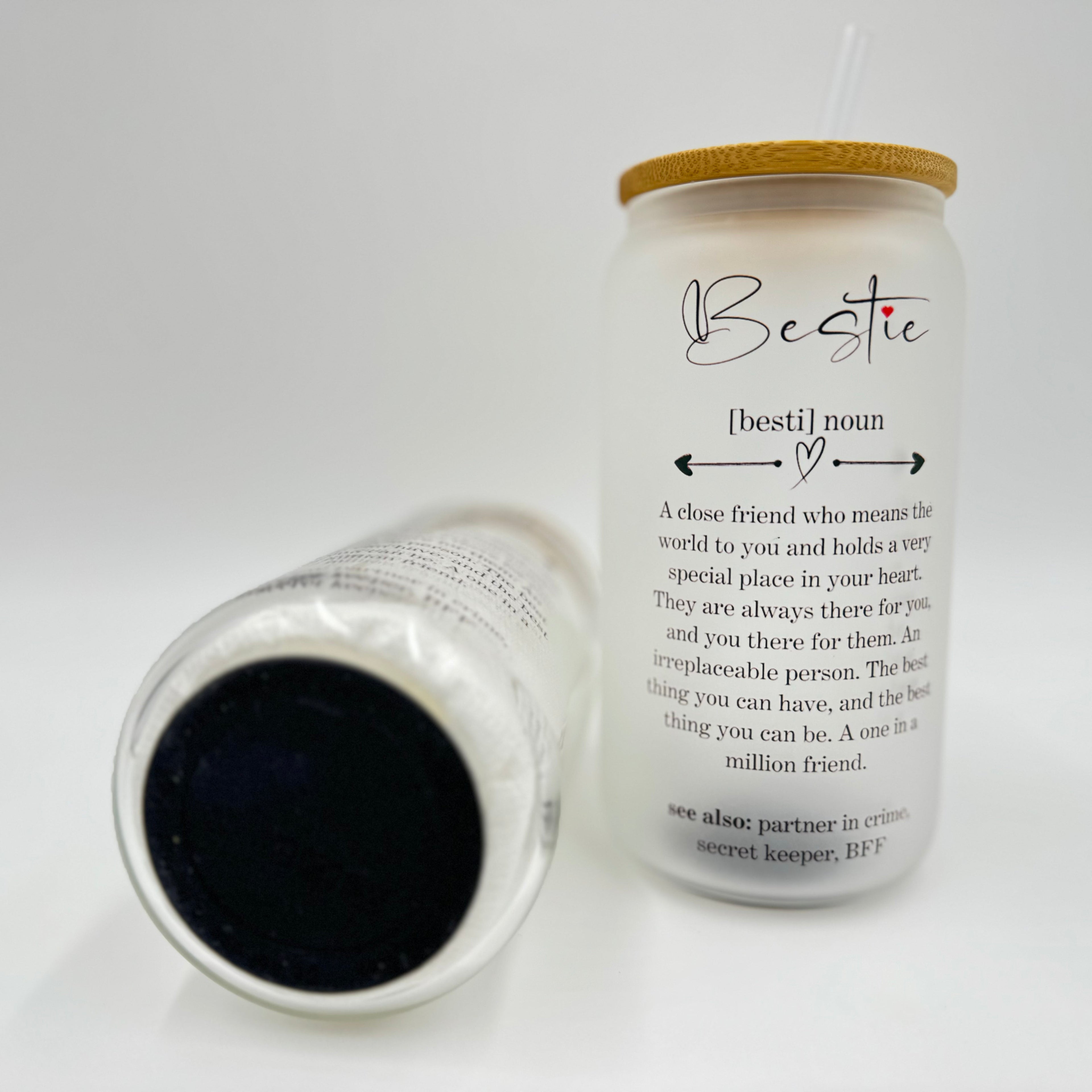 Bestie Friendship Best Friend 16oz Sublimation Printed Glass Can Tumbler With Straw & Bamboo Lid