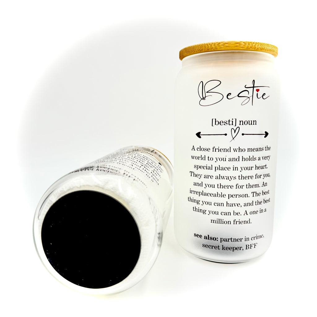 Bestie Friendship Best Friend 16oz Sublimation Printed Glass Can Tumbler With Straw & Bamboo Lid