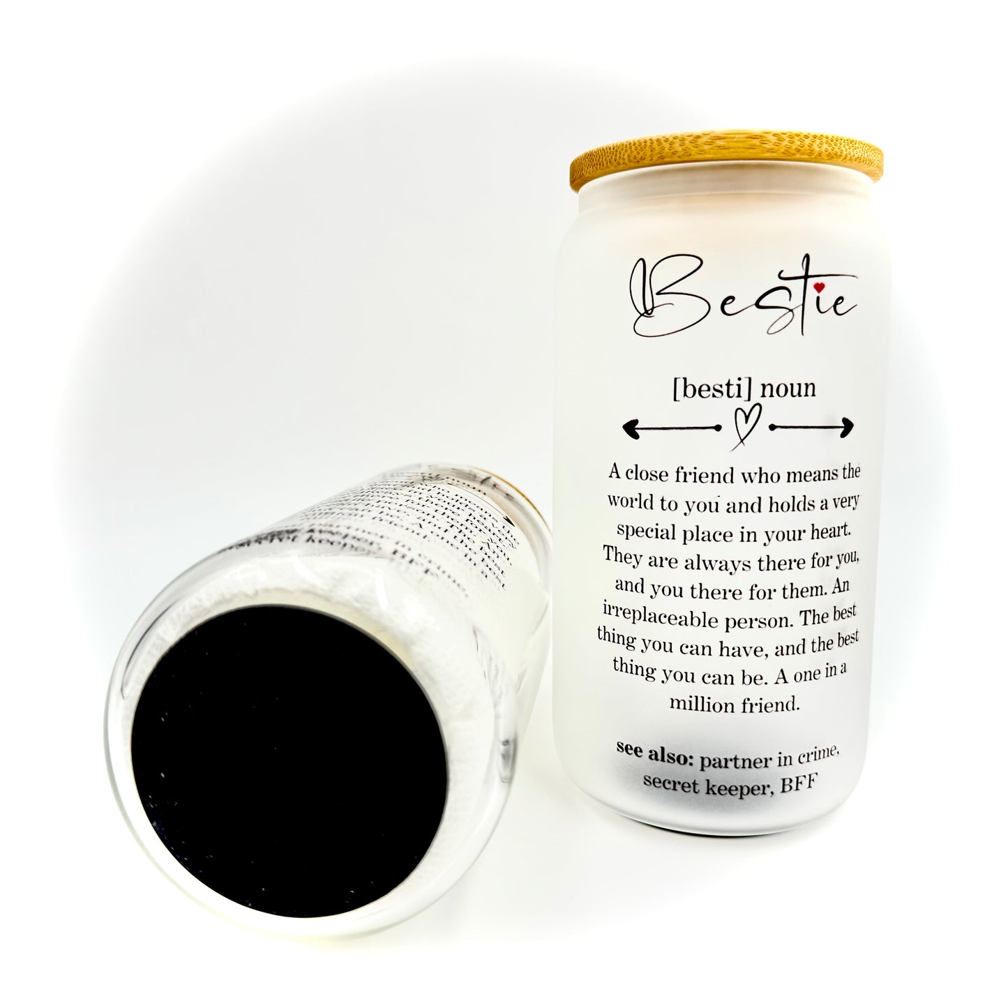 Bestie Friendship Best Friend 16oz Sublimation Printed Glass Can Tumbler With Straw & Bamboo Lid