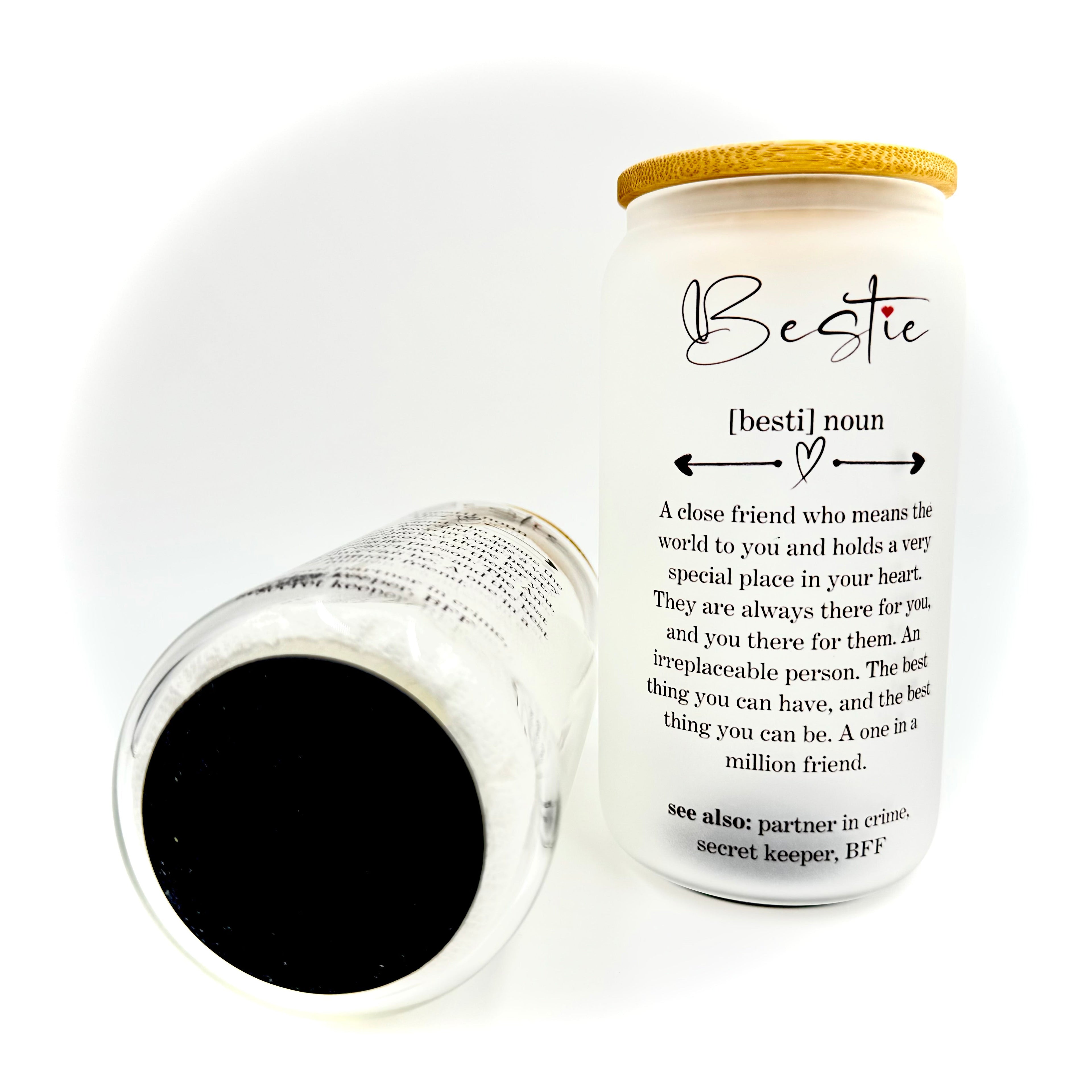 Bestie Friendship Best Friend 16oz Sublimation Printed Glass Can Tumbler With Straw & Bamboo Lid